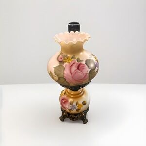 Gone With The Wind Parlor Hurricane Lamp 3-Way Hand Painted Pink Blue Flowers